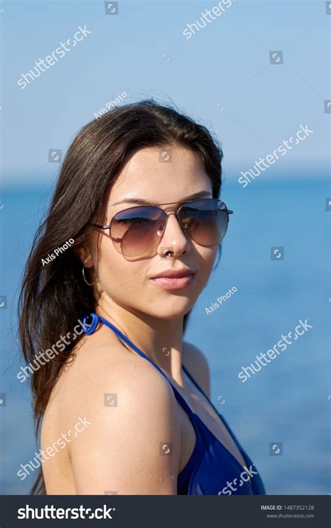 Sexy Brunette Long Hair Posing Blue Stock Photo 1487352128 Shutterstock