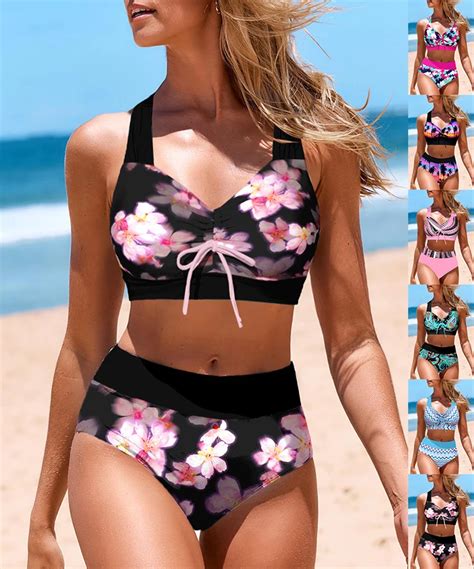 New Summer High Quality Bikini Two Piece Set With Pink Flower Printed Women S Sexy Bow