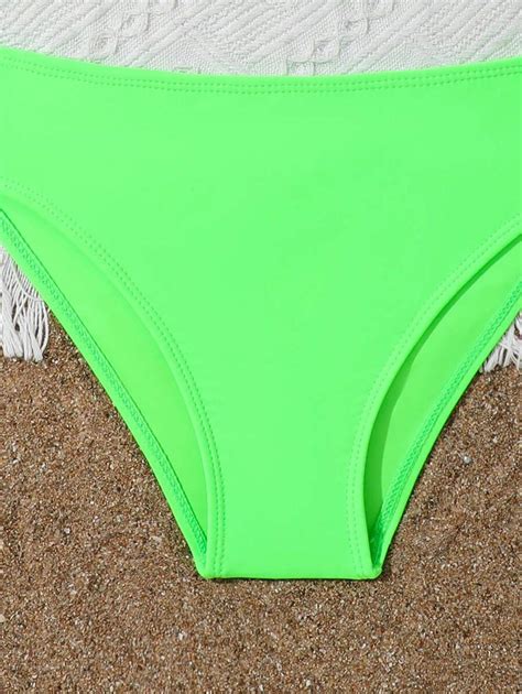 Tween Girl Summer Beach Fluorescent Green Top And Bottom Casual Neon Bikini Set Bathing Suit For