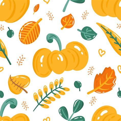 Autumn seamless pattern with cute colorful pumpkin and leaves. Cartoon ...