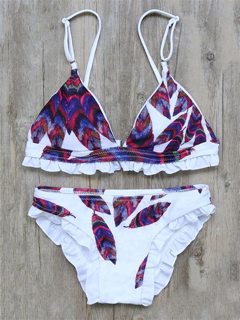 26 OFF Feather Print Ruffles Bikini Set Rosegal