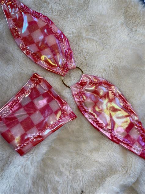 Pleather Checkered Micro Bandeau Bikini Stripper Outfit Bandeau Micro Bikini Exotic Dance