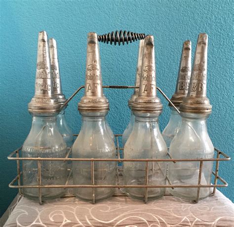 1920s Mobiloil Quart Oil Bottles Spouts And 8 Bottle Metal Carrying