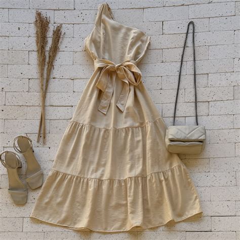 VESTIDO MIDI UM OMBRO SÓ AMARRAÇÃO NUDE Dondoca Moda Feminina