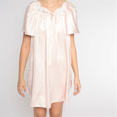 Pink Satin Nightgown S Lingerie Mini Dress Floral Lace Trim Etsy
