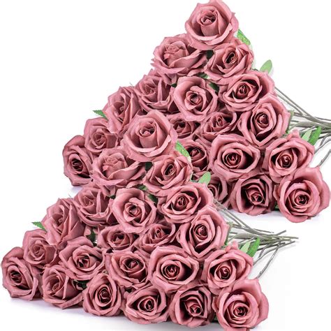 Hotop 40 Pcs Rose Artificial Flowers Bulk With Long Stem Bouquet Roses