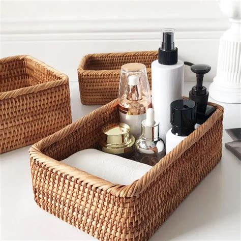 Handwoven Rectangular Rattan Wicker Basket Fruit Tea Snack Bread Picnic