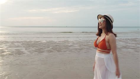 Cheerful Woman In Bikini Enjoying On Sea Beach With Sunlight Stock