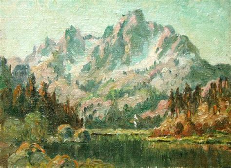 An Oil Painting Of Mountains And Trees By The Water