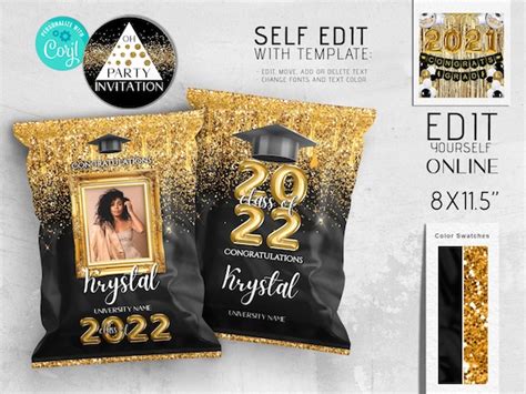 Editable Graduation Chip Bag With Photo Black Gold Template Etsy