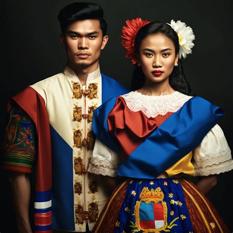 A beautiful portrait capturing two Filipino siblings in fashionable cultural attire inspired by ...