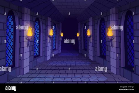 Castle Corridor Medieval Castles Game Dungeon Stone Bricks Wall Burning Fire Torch Inside