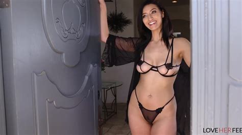 Hot Brunette S Footfuck In Sexy Black Lingerie On Bed