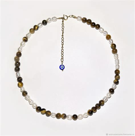 Колье чокер Инь-Ян из натуральных камней (тигровый глаз и жемчуг) в ...