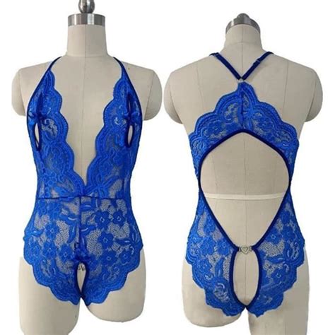 Lingerie Sexy Femme Body Et Combinaison Dos Nu En Dentelle Bleu Dentelle Spandex Maille