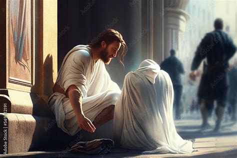 Jesus Christ talking on the street with a man on the ground ilustração