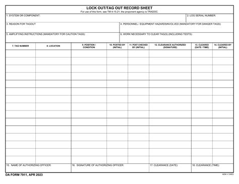 Da Form Lock Out Tag Out Record Sheet Forms Docs