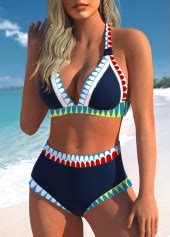 Patchwork Mid Waisted Tribal Print Navy Bikini Set Modlily USD