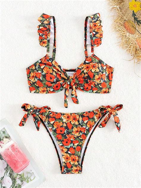 SHEIN Swim Summer Beach Random Floral Printed Ruffle Trim Bikini Set Carnival For Sale Australia