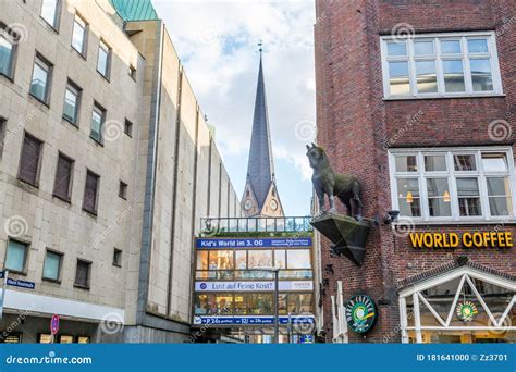 Street View Of Downtown With Church Clocktower Hamburg Germany