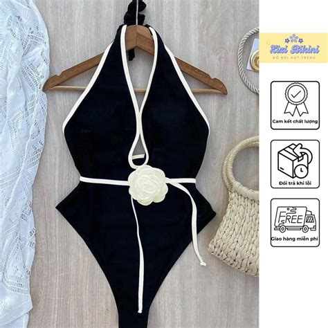 Bộ bikini viền trắng khoét eo kèm dây hoa màu Shopee Việt Nam