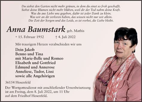 Traueranzeigen Von Anna Baumstark Trauer De