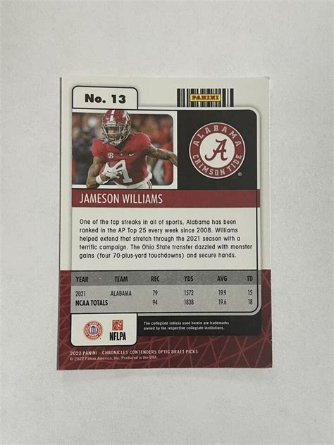 2022 Optic Jameson Williams Rookie Contenders College Ticket 13