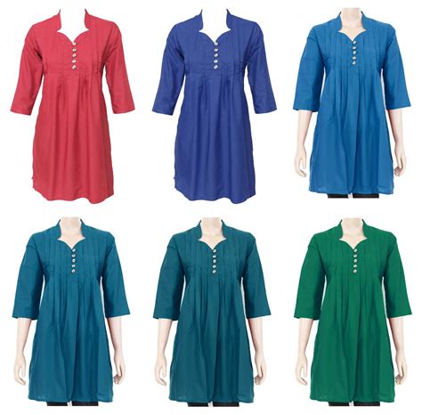 Ethnic Indian Pleated Cotton Kurti Kurta Top Blouse For Women