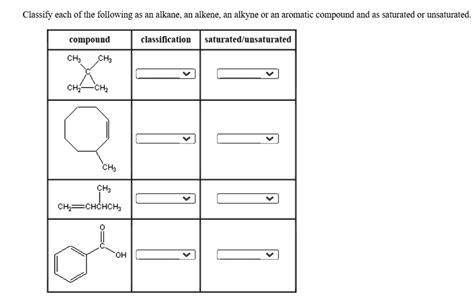 Solved Classify Each Of The Following As An Alkane An Alkene An Alkyne