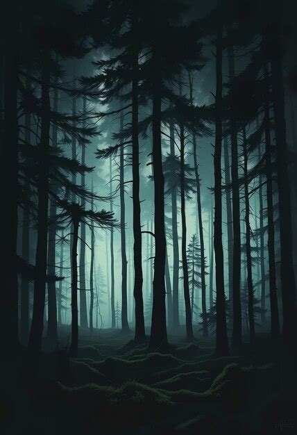 Dense Dark Forest Tall Trees Mossy Ground Moody Premium Ai Generated