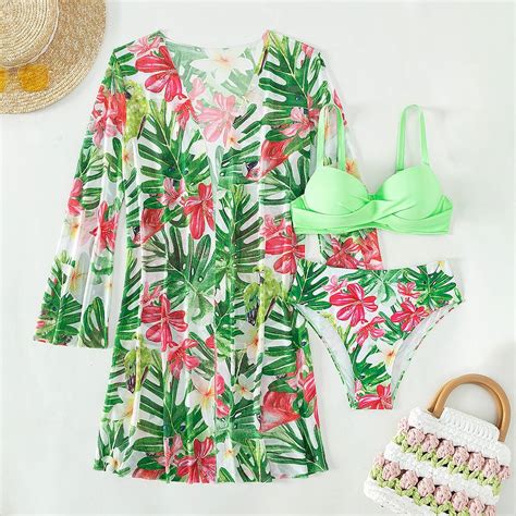 Shein Swim Vcay Tropical Print Push Up Bikini Swimsuit With Kimono Pris