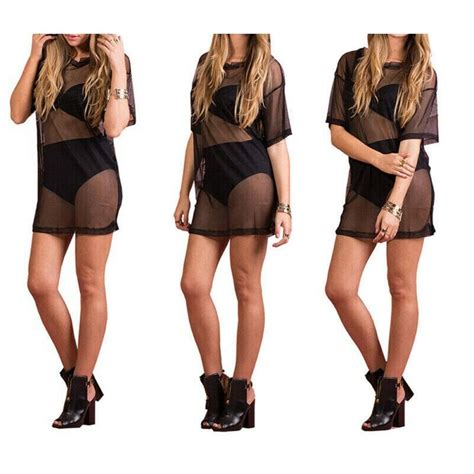 Women Swimwear Bikini Beach Dress Cover Up Swimsuit Short Sleeve Mesh Sheer Bathing Suit Summer