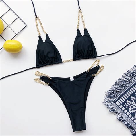 Solid Color Strappy Sexy Thongs Bikini Chain Swimsuit Bikini And Swimwear Price