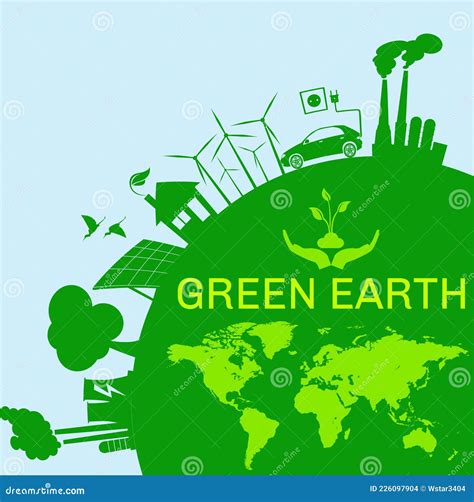 Ecology Concept And Icons With Green City On Earth, World Map. Green