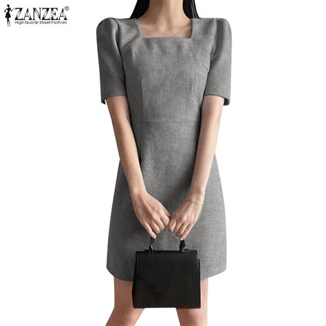 Zanzea Women Korean Square Collar Short Sleeves Plain Daily Employment