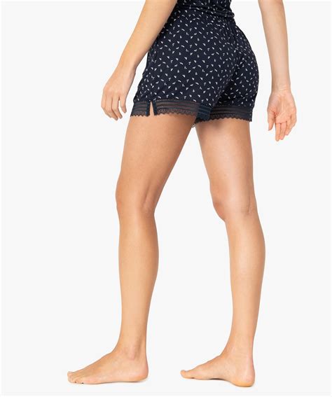 Gemo Lingerie Short De Pyjama Femme En Maille Fluide Avec Bas En Dentelle Imprime Bas De Pyjama