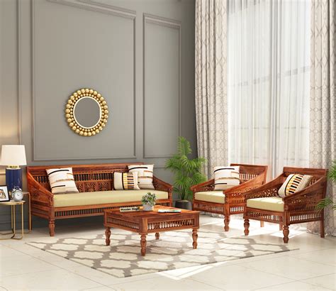 Buy Alanis Wooden Sofa Set Honey Finish Online In India At Best Price