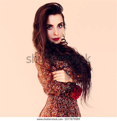 Sensual Brunette Lady Long Hair Vintage Stock Photo Edit Now 1077879089