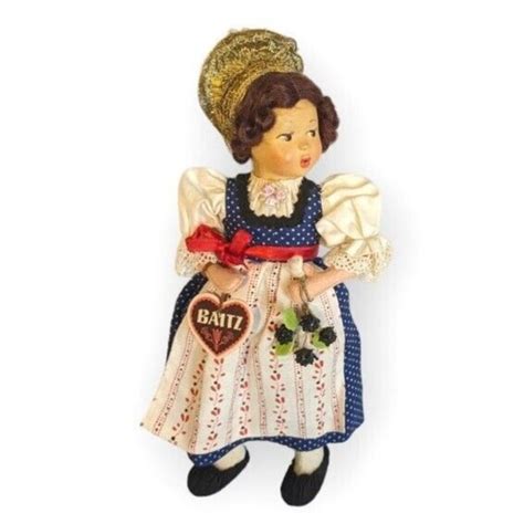 Baitz Toys Baitz Doll Austria Whistling Wachau Girl Folk Art Dress Costume Tag Brunette Vtg