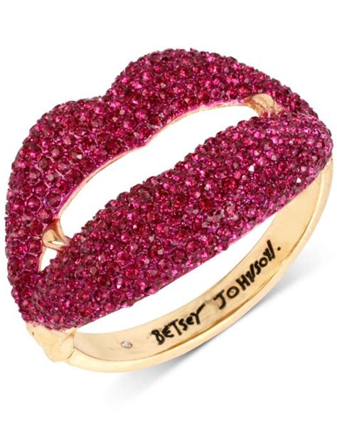 Betsey Johnson Gold Tone Pav Vampire Lips Hinged Bangle Bracelet In