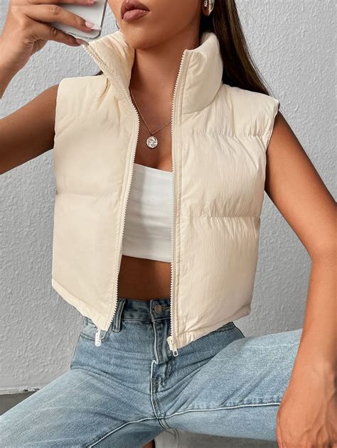 Shein Petite Zip Up Sleeveless Puffer Coat In 2024 Sleeveless Puffer