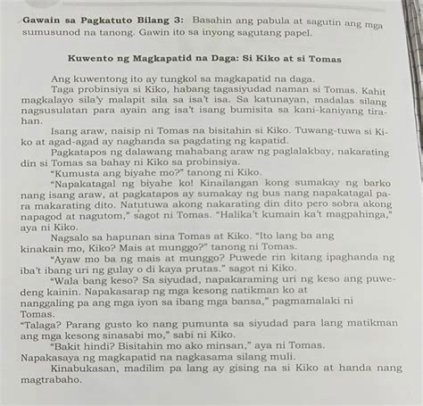 Gawain Sa Pagkatuto Bilang 3 Basahin Ang Pabula At Sagutin Ang Mga