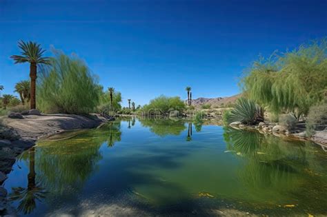 Desert Oasis With Palm Trees And Clear Blue Skies Stock Illustration