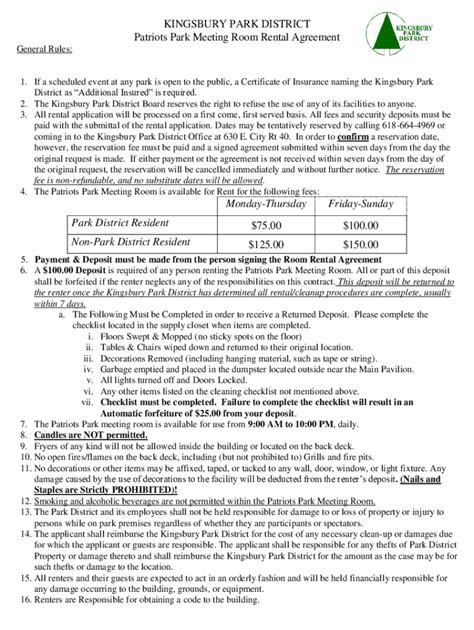 Fillable Online KINGSBURY PARK DISTRICT Shelter Rental Agreement Fax