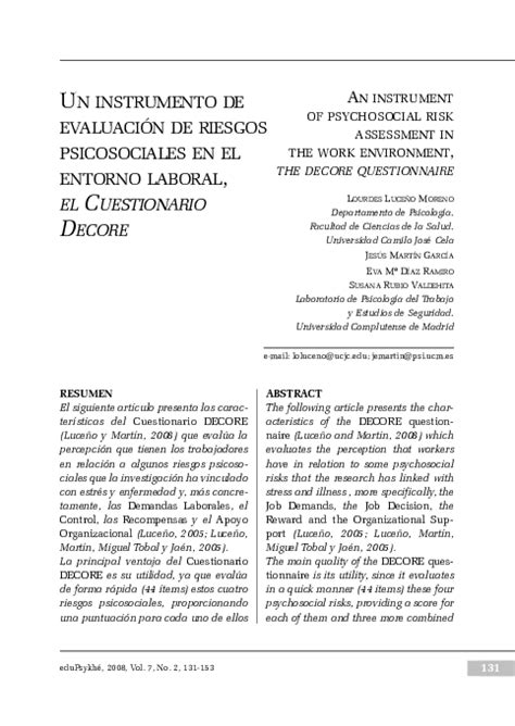 Pdf Un Instrumento De Evaluación De Riesgos Psicosociales En El