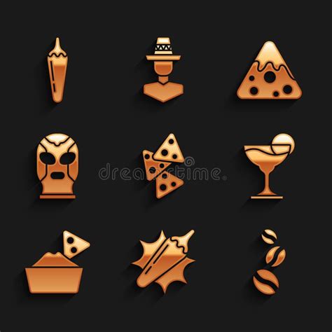 Set Nachos Hot Chili Pepper Pod Coffee Beans Margarita Cocktail In Bowl Mexican Wrestler