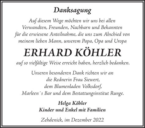 Traueranzeigen von Erhard Köhler Märkische Onlinezeitung Trauerportal