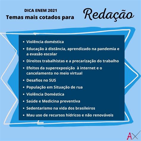 Temas Da Redação Do Enem 2021 - Temas mais cotados para Redação ENEM 2021 | Enem, Evasão escolar ...
