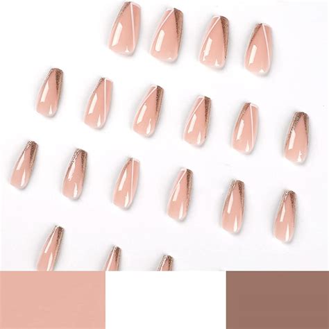 Foamee Medium Nude Coffin Fake Nails With Sequins Designs Acrylic Glossy False Nails For Women