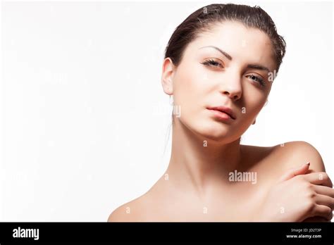 Beautiful Brunette Posing On White Background Stock Photo Alamy